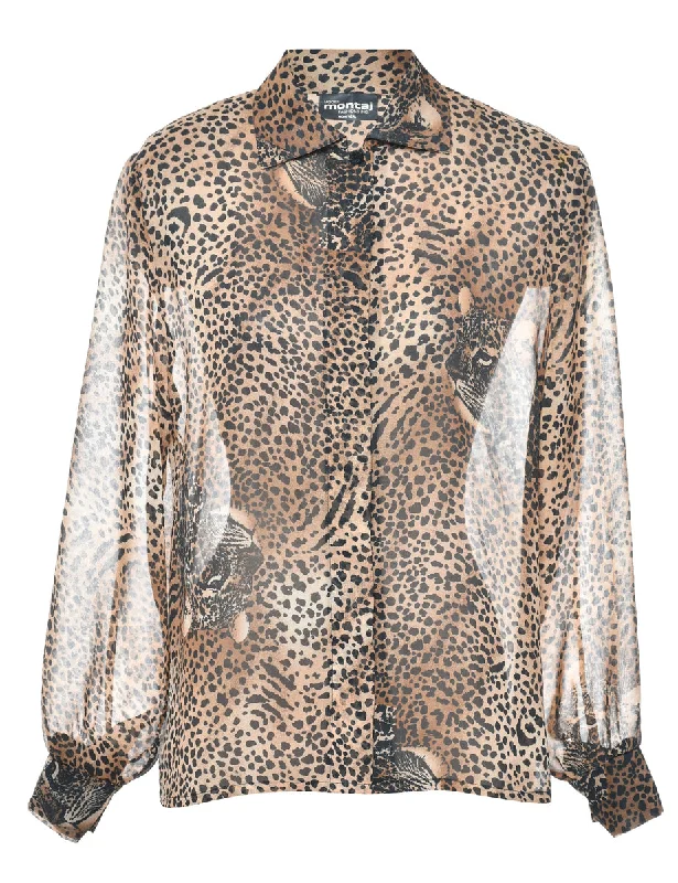 Leopard Print Shirt - L Hooded Caped Shawl Collar