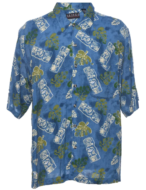 Leafy Print Hawaiian Shirt - L Silk Blend Satin Velvet