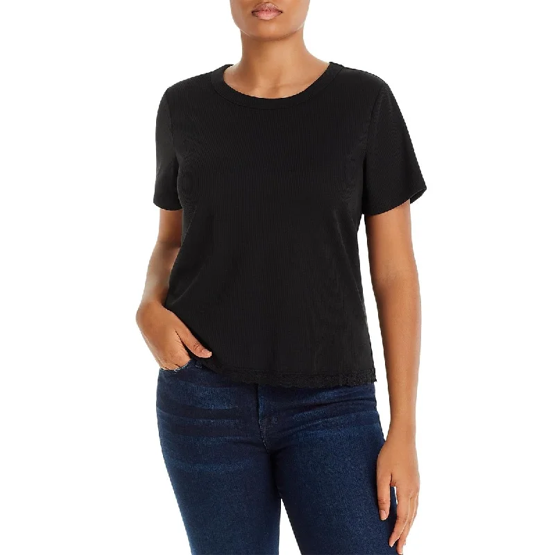 Aqua Womens Ribbed Lace Trim T-Shirt Front Pockets Side Pockets Patch Pockets