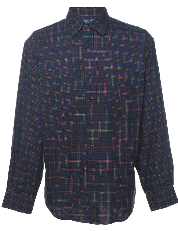 Land's End Navy & Yellow Checked Shirt - L Machine Wash Dry Clean Hand Wash