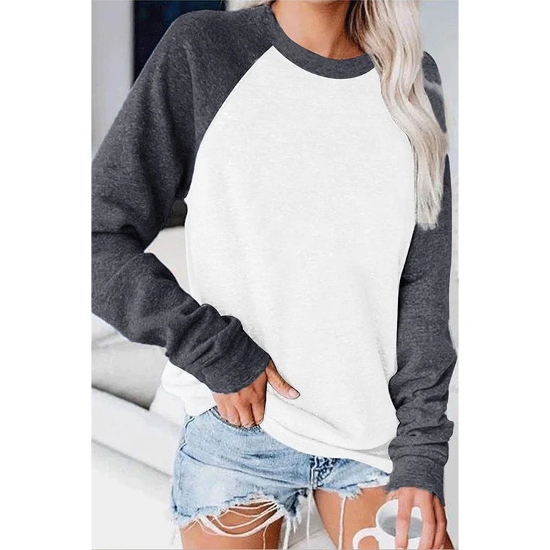 New 2022 Female T-shirt Round collar Contrast Color Long Sleeve T Shirt Women spring  T-Shirts For Women Patchwork T Shirt Front Pockets Side Pockets Patch Pockets