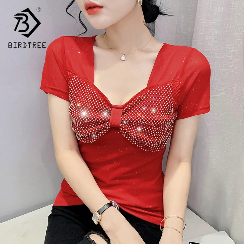 New 2022 T-Shirt Women Square Collar Handmade Diamonds Beading Bow Bling Bling Women Tops Tees Short Sleeve Summer T25906 Solid Print Embellished New 2022 T-Shirt Women Square Collar Handmade Diamonds Beading Bow Bling Bling Women Tops Tees Short Sleeve Summer T25906 Solid Print Embellished