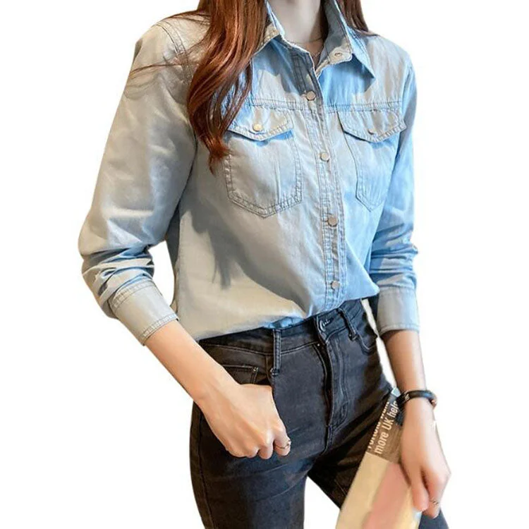 Women's Denim Shirt,Custom Autumn Slim Blue Denim Shirts for Women Casual Plain Long Sleeve Jean Shirt Satin Fabric Silk Fabric Chiffon Fabric Women's Denim Shirt,Custom Autumn Slim Blue Denim Shirts for Women Casual Plain Long Sleeve Jean Shirt Satin Fabric Silk Fabric Chiffon Fabric