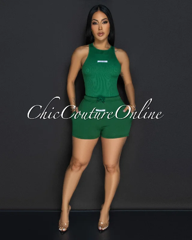 Kaela Green Ribbed Bodysuit & Shorts Set Cozy Fit Bodysuit