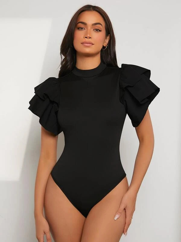 Shein - Mock Neck Exaggerated Ruffle Trim Bodysuit Stylish One-Shoulder Bodysuit