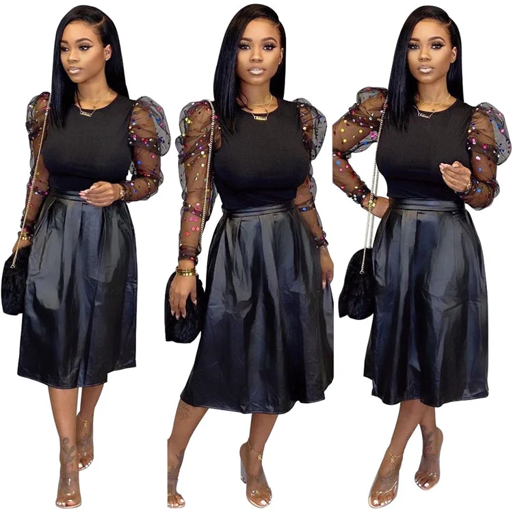S216 newest long sleeve sequined shirt with pu leather long skirt two piece set women clothing Chenille Fabric Brocade Fabric Lace Fabric S216 newest long sleeve sequined shirt with pu leather long skirt two piece set women clothing Chenille Fabric Brocade Fabric Lace Fabric