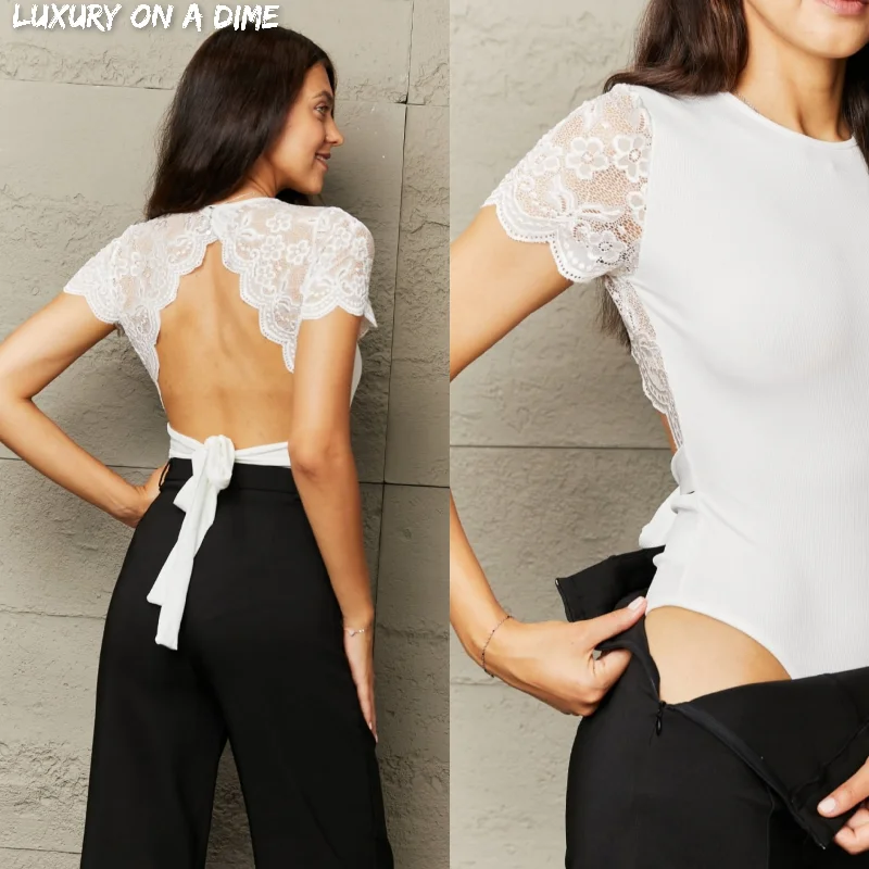 Short Sleeve Lace Shoulder Tied Waist Open Back One-piece Bodysuit Stylish High-Waisted Bodysuit
