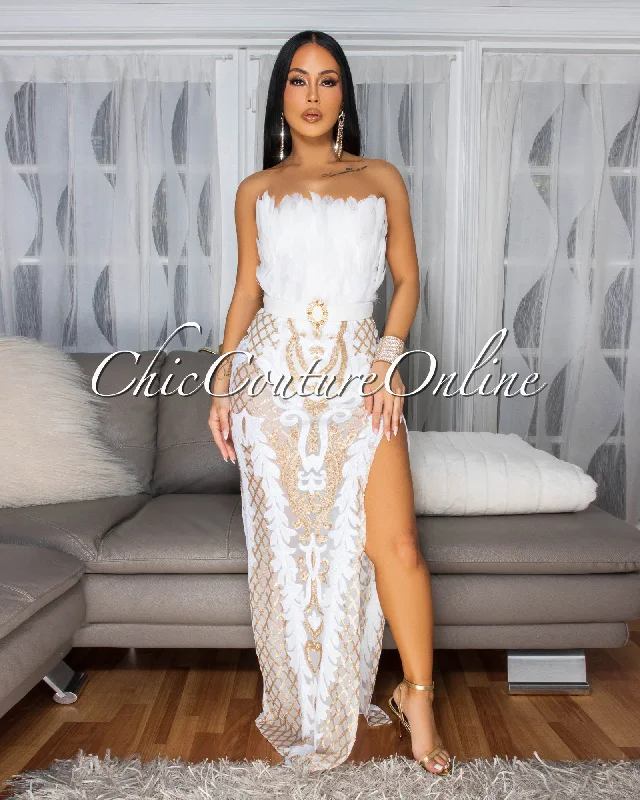Rachelle White Gold Sequins Feather Bust Bodysuit Maxi Dress Fashionable Cross-Back Bodysuit