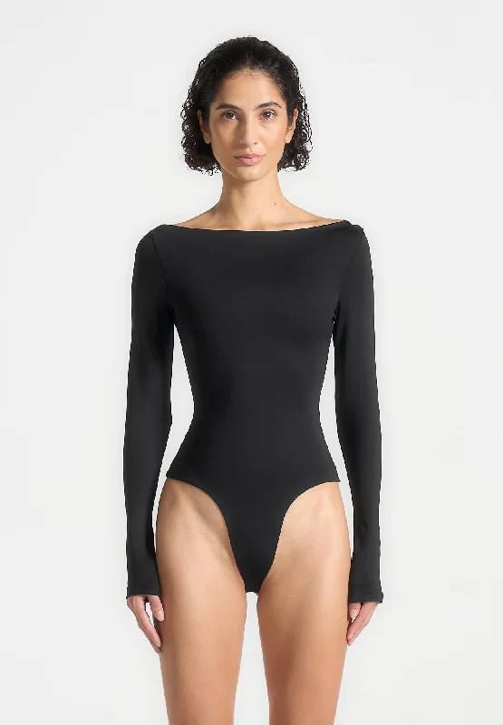 Éternelle Boat Neck Bodysuit - Black Trendy Bodysuit with Tulle