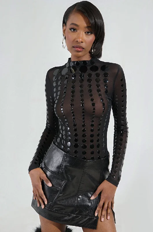 NOT MY FAULT LONG SLEEVE MESH BODYSUIT Stylish Faux Leather Bodysuit