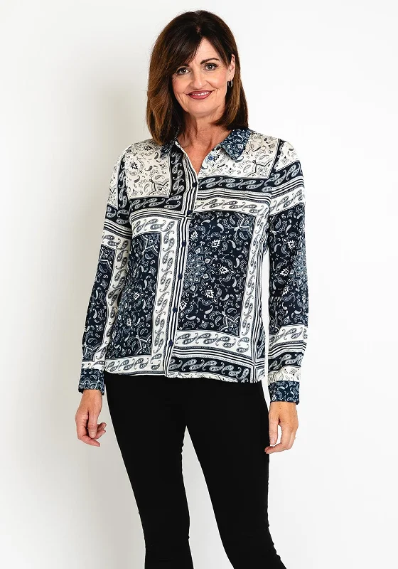 Guess Womens Paisly Print Shirt, Navy & White Hooded Caped Shawl Collar