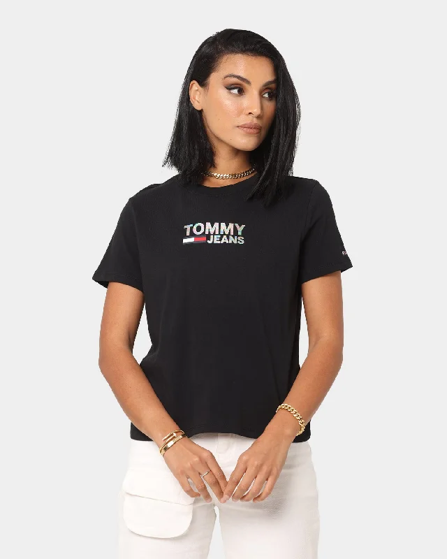 Tommy Jeans Women's Metallic Corp Logo T-Shirt Black Embroidered Appliqued Beaded