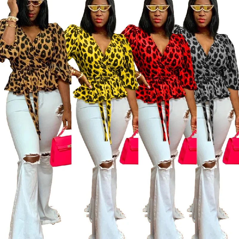 YK7090 - women stylish leopard print v neck t shirt Mesh Blend Leather Blend Suede Blend