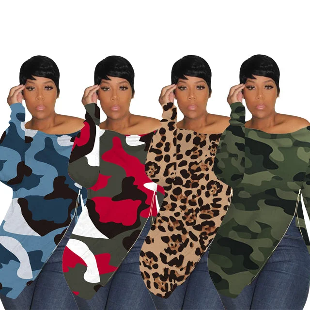 H1245 Camouflage print shoulder Plus Size Women T-shirt Autumn/Winter new T-shirt women Handmade Hand-knitted Hand-woven H1245 Camouflage print shoulder Plus Size Women T-shirt Autumn/Winter new T-shirt women Handmade Hand-knitted Hand-woven
