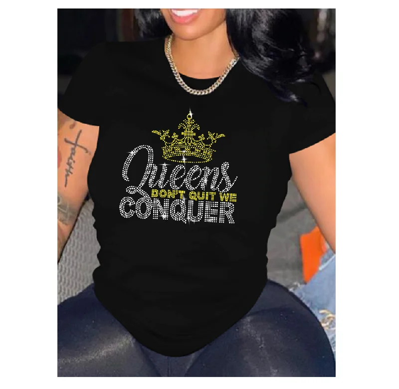 XS to 4XL Wholesale Custom Spandex Queen Women Rhinestone T shirts Fitted T-Shirt Seamless Stretchy XS to 4XL Wholesale Custom Spandex Queen Women Rhinestone T shirts Fitted T-Shirt Seamless Stretchy