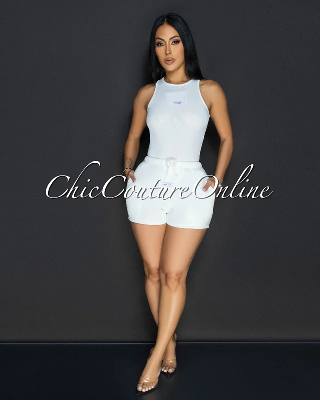 Kaela White Ribbed Bodysuit & Shorts Set Comfortable Shaping Bodysuit