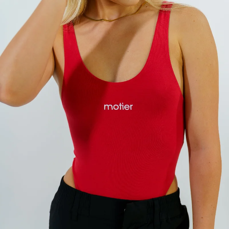 The Nyx Racerback Bodysuit (Lipstick Red) Elegant Satin Bodysuit