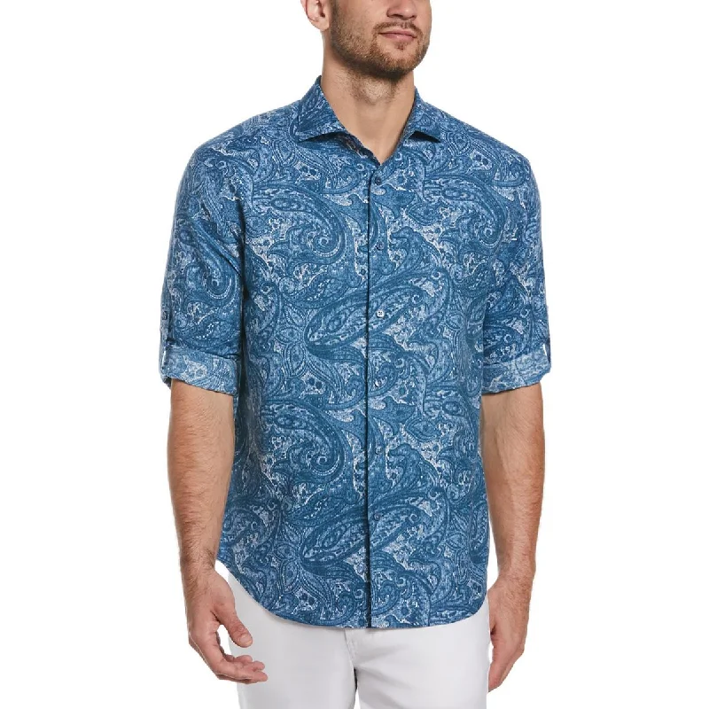 Cubavera Mens Paisley Linen Button-Down Shirt Ribbed T-Shirt High Neck Heavyweight