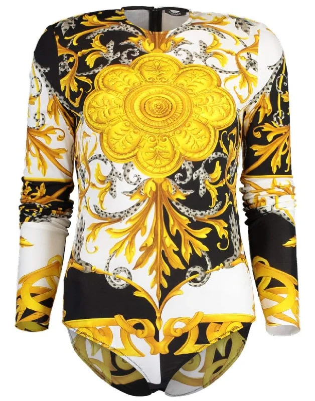 Gold and Black Jersey Long Sleeve Baroque Printed Crewneck Bodysuit Stylish Low-Cut Bodysuit