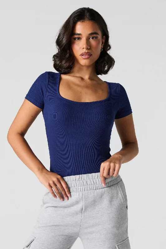 Ribbed Square Neck Short Sleeve Bodysuit Comfortable Adjustable Strap Bodysuit