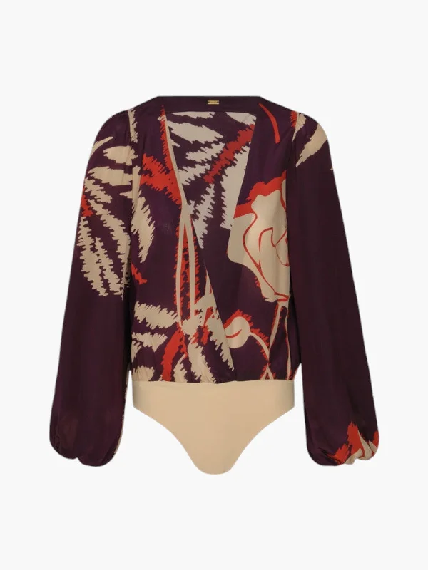 Sambale Crepe Chine Bodysuit | Purple Gladiolos Comfortable Bodysuit with Long Sleeves