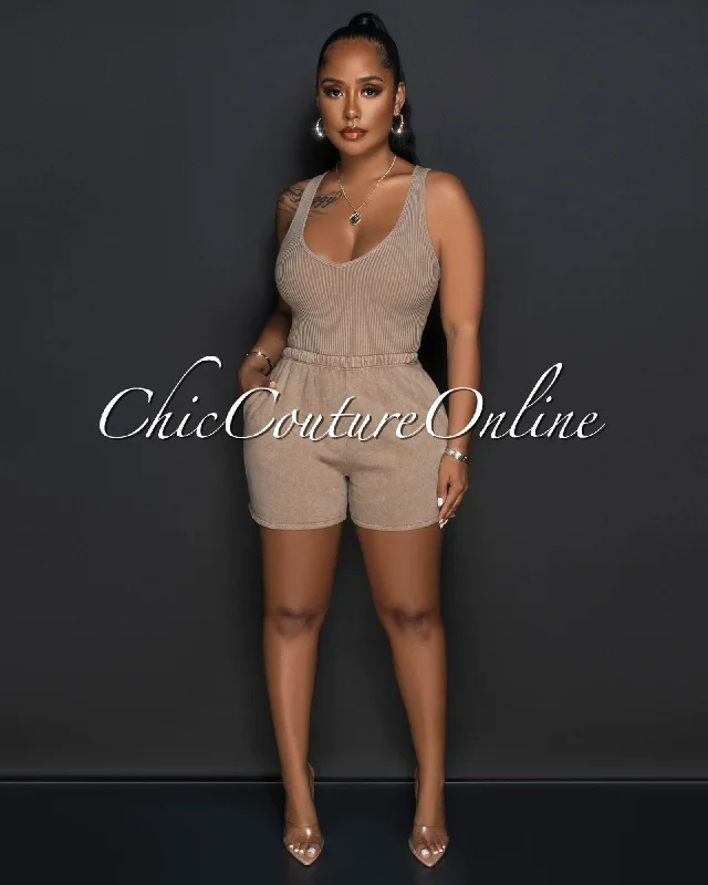 Vedas Nude Ribbed Bodysuit & Shorts Set Fashionable Plunge Bodysuit