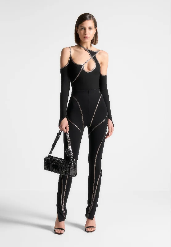 Chrome Piped Contour Bodysuit - Black Fashionable Bodysuit with Long Sleeves