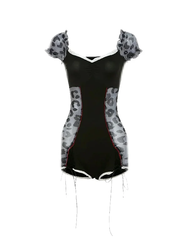 'Roar' Y2k Cheetah Print Drawstring Lace Hem Bodysuit Elegant Bodysuit with Belted Waist
