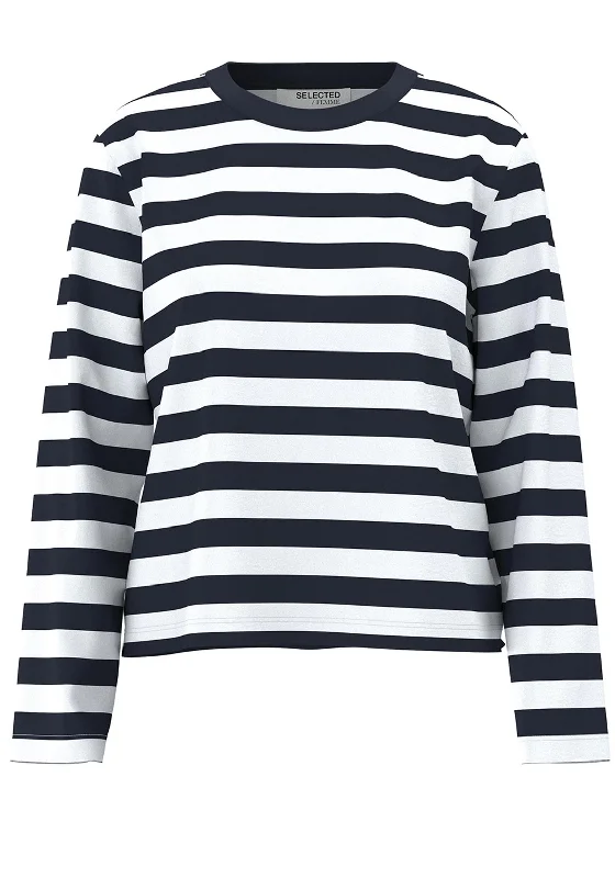 Selected Femme Essential Striped Boxy T-Shirt, Dark Sapphire Mesh Canvas Denim