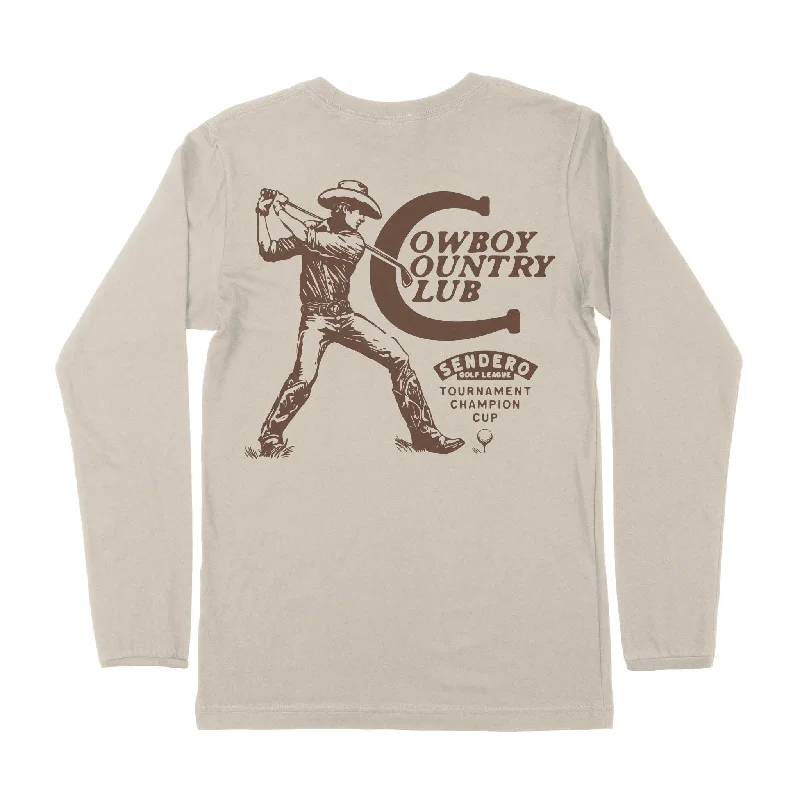 Cowboy Country Club Long Sleeve T-Shirt Notch Collar Peter Pan Collar Cowl Neck