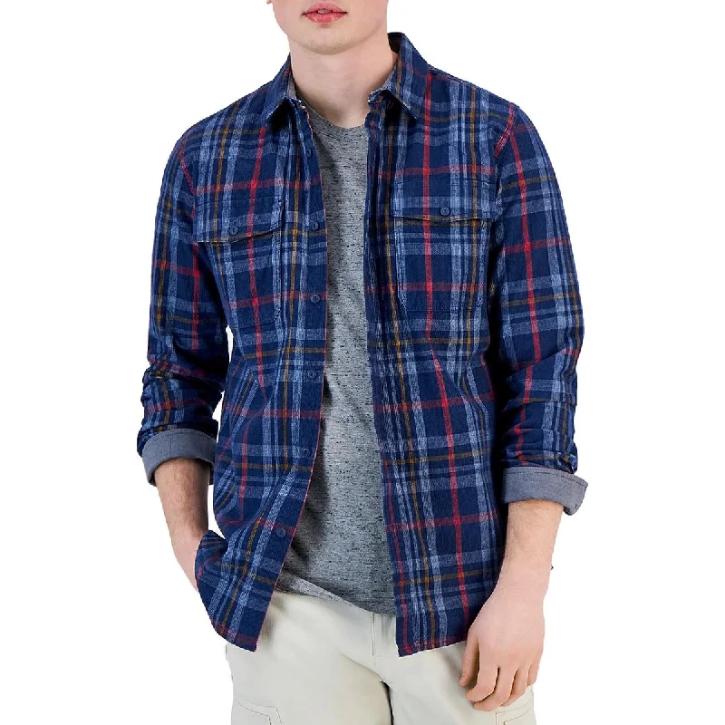 Sun + Stone Mens Mitchell Collared Plaid Button-Down Shirt Solid Print Embellished