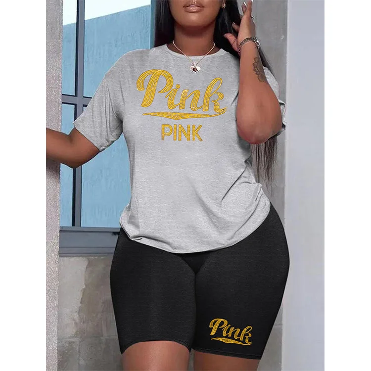 Z106463 Summer women's Plus Size two piece Casual crystal decoration t-shirts shorts two piece set Mesh Canvas Denim Z106463 Summer women's Plus Size two piece Casual crystal decoration t-shirts shorts two piece set Mesh Canvas Denim