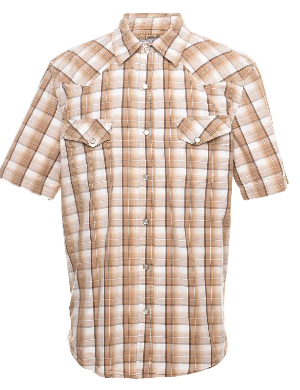 Light Brown & White Western Style Checked Shirt - L Satin Fabric Silk Fabric Chiffon Fabric