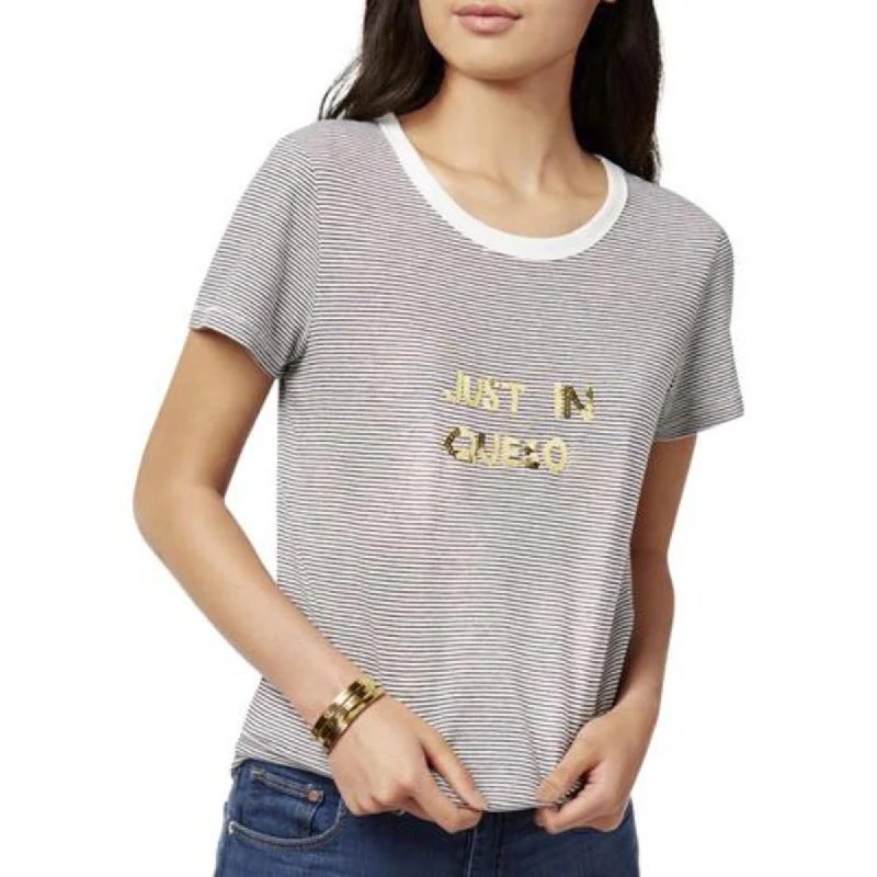 Bow & Drape Womens Juniors Just In Queso Festive Sequined Logo T-Shirt Graphic T-Shirt Round Neck Polyester