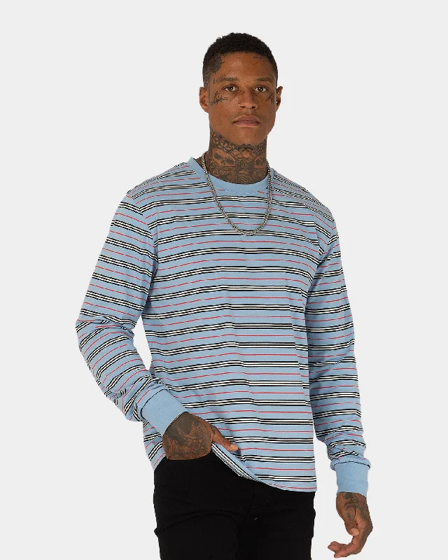 XXIII Split Stripe Longs Sleeve T-Shirt Blue Stripe Welt Pockets Slit Pockets