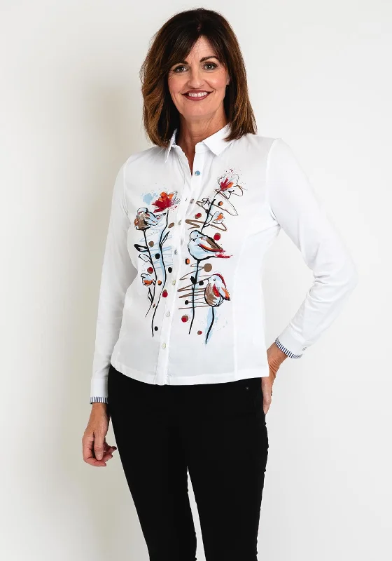 Dolcezza Floral Printed Stud Shirt, White Print Print Jacquard Patchwork