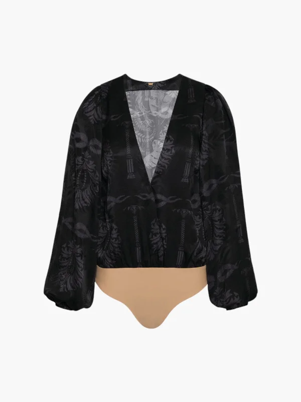Sambale Jacquard Bodysuit | Black Stylish Off-Shoulder Long Sleeve Bodysuit