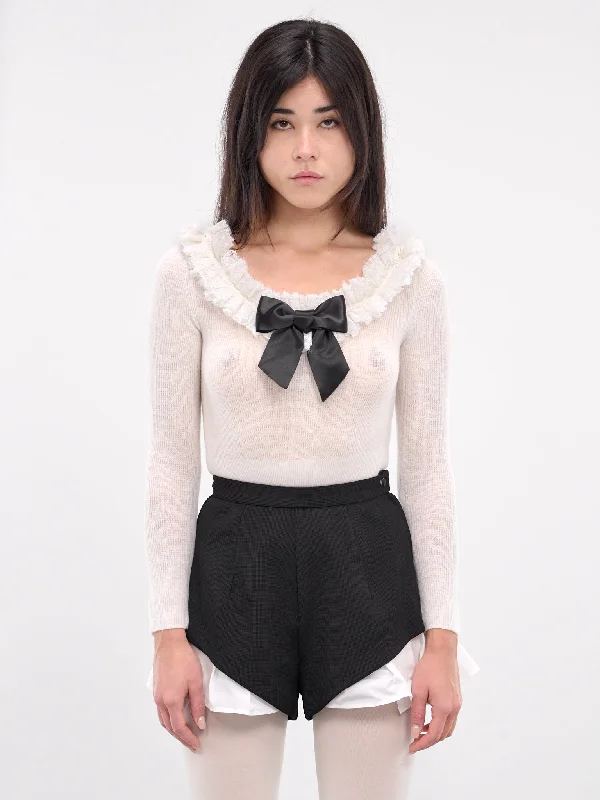 Neck Embellished Knitwear Bodysuit (TO20-RTI068-WHITE) Comfortable Full-Sleeve Bodysuit