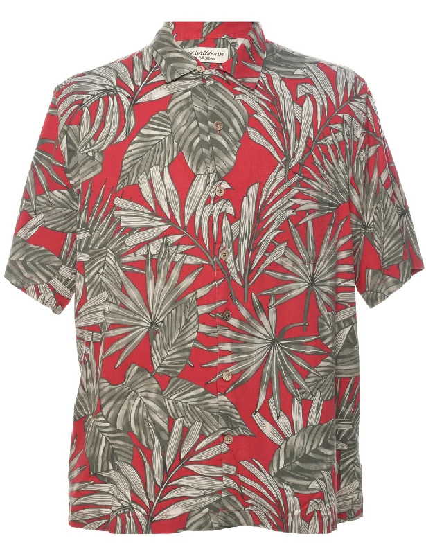 Leafy Print Hawaiian Shirt - L Spandex Blend Rayon Blend Denim Blend