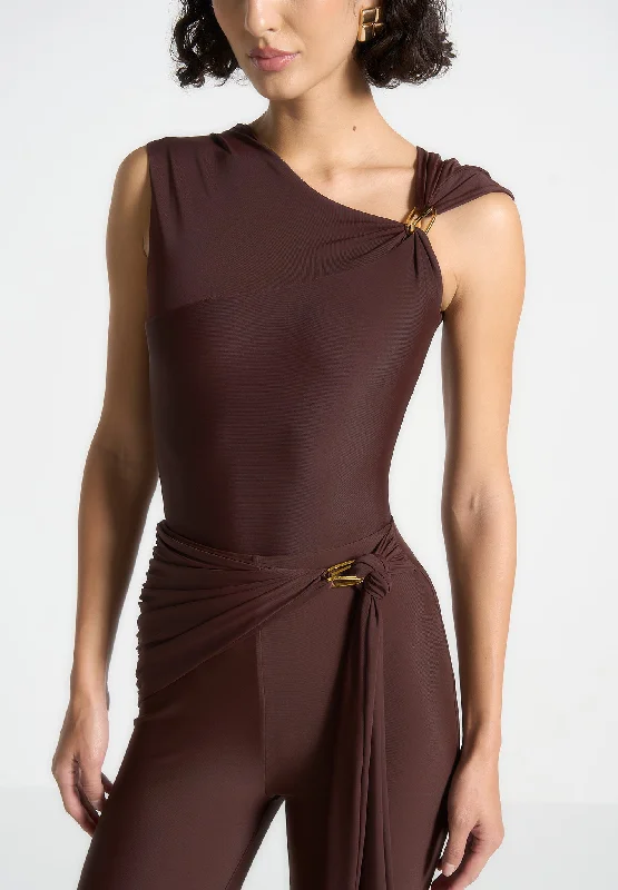 Bodysuit with Hardware Detail - Brown Comfortable Bodysuit for Layering