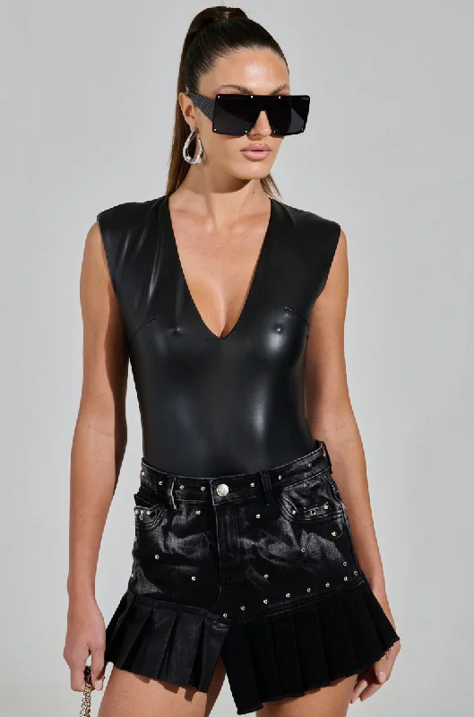 JOELLE FAUX LEATHER SLEEVELESS PLUNGE BODYSUIT Fashionable Fitted Bodysuit