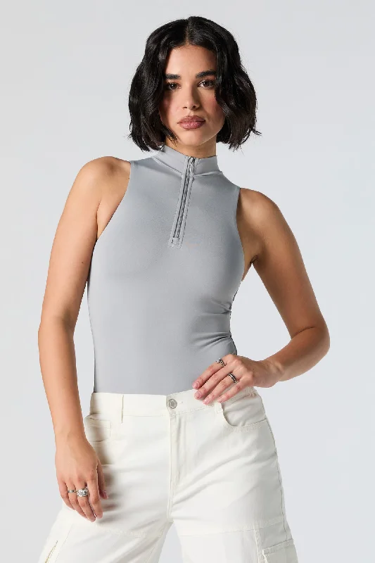 Seamless Mock Neck Quarter Zip Bodysuit Stylish Low-Cut Bodysuit