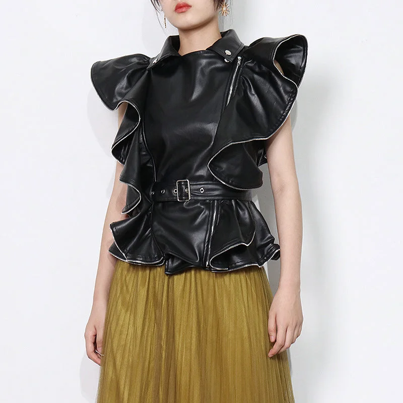 Fashion Street Cool Sa PU leather shirt 2022 New collage with falbala design sleeveless waist belt Welt Pockets Slit Pockets Flap Pockets Fashion Street Cool Sa PU leather shirt 2022 New collage with falbala design sleeveless waist belt Welt Pockets Slit Pockets Flap Pockets