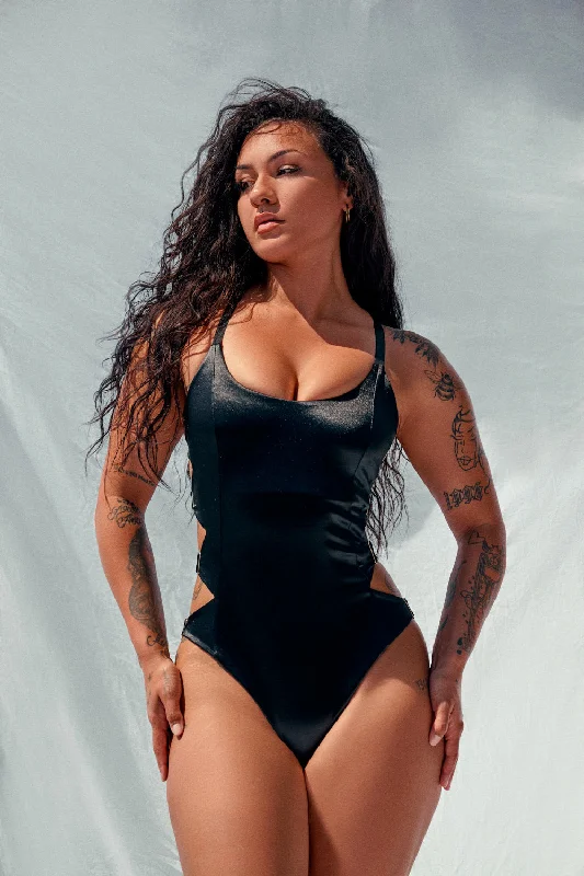 Goddess Bodysuit - Black Satin Fashionable V-Neck Bodysuit