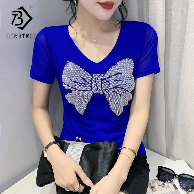 Sexy Mesh T-shirt Women Summer V-neck Handmade Diamonds Beading Bow Slim Stretchy Women Tops Tees Black Blue Short Sleeve T25602 Sequined Glittery Shiny Sexy Mesh T-shirt Women Summer V-neck Handmade Diamonds Beading Bow Slim Stretchy Women Tops Tees Black Blue Short Sleeve T25602 Sequined Glittery Shiny