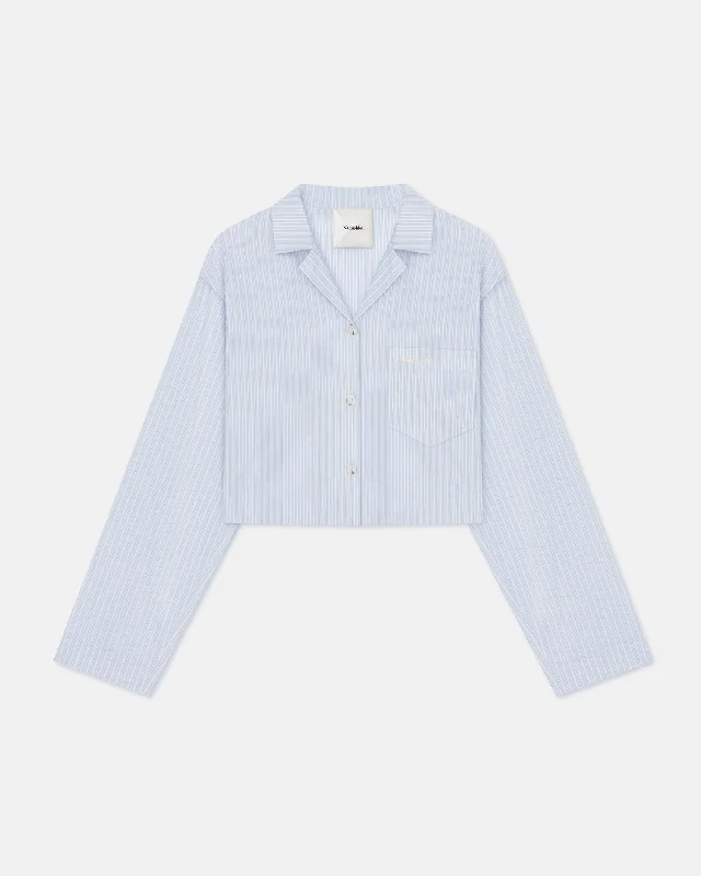 Vally - Cropped Striped Shirt - Blue/Beige/White Mesh Blend Leather Blend Suede Blend