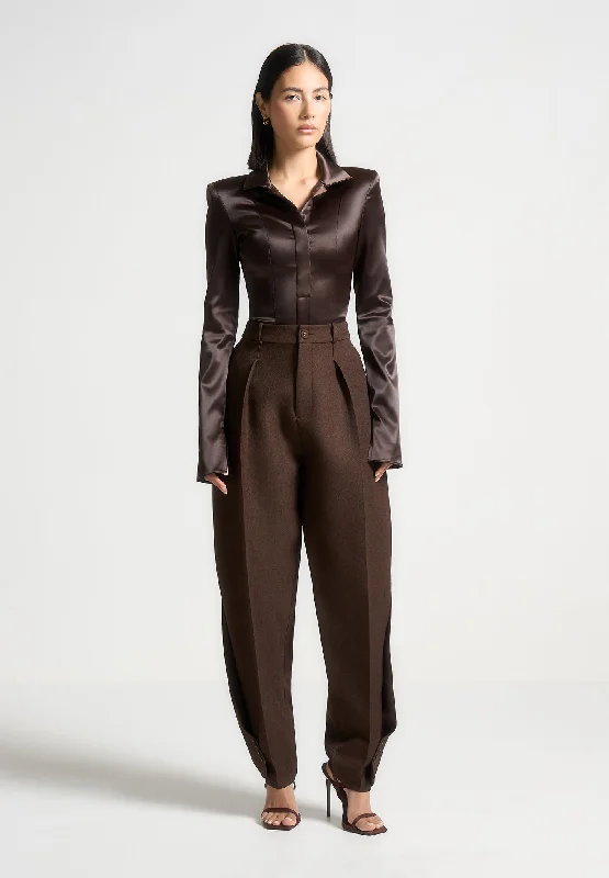 Wide Shoulder Satin Shirt Bodysuit - Brown Comfortable T-shirt Bodysuit