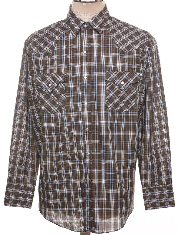 Light Blue & Brown Classic Checked Shirt - L Notch Collar Peter Pan Collar Cowl Neck