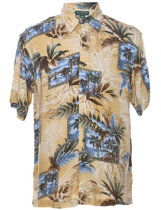 Leafy Print Hawaiian Shirt - M Print Jacquard Patchwork