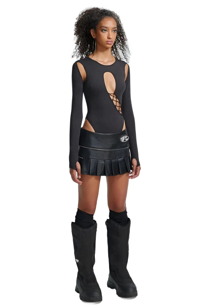 THE KRIPT - "Famke" Bodysuit - Stretch Lace Up Hook Details Stylish Bodysuit with Cross Front
